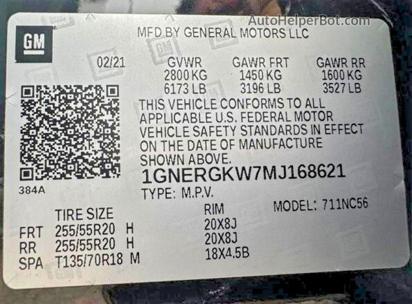 1GNERGKW7MJ168621 2021 CHEVROLET TRAVERSE Black 