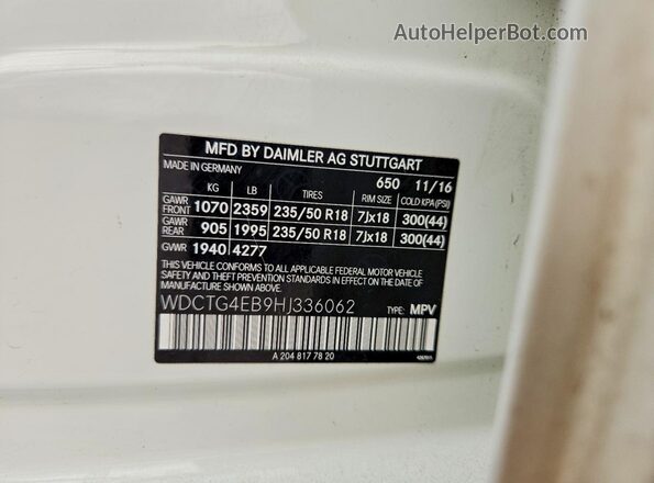 WDCTG4EB9HJ336062 2017 MERCEDES-BENZ GLA-CLASS White VIN sticker view