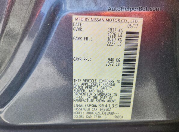 1N4AL3AP3HN364135 2017 NISSAN ALTIMA Gray Widok wnętrza 360 stopni