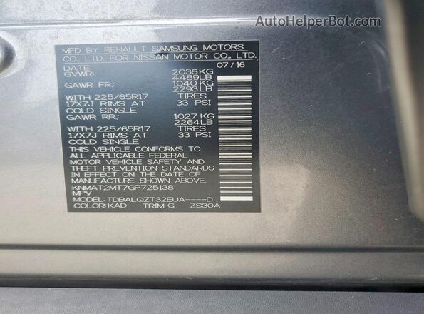 KNMAT2MT7GP725138 2016 NISSAN ROGUE Black VIN კოდის სტიკერის ხედი