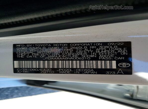 JTDAAAAA6NA006210 2022 TOYOTA MIRAI Белый Вид наклейки с VIN-кодом
