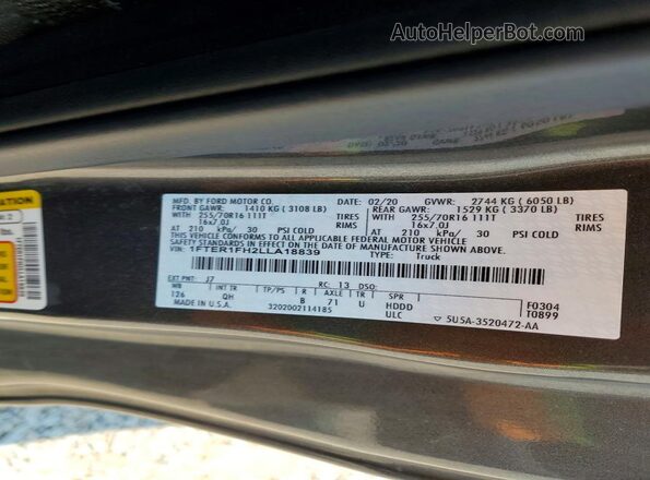 1FTER1FH2LLA18839 2020 FORD RANGER Серый Вид наклейки с VIN-кодом