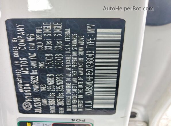 KM8SMDHF8KU298043 2019 HYUNDAI SANTA FE White VIN կոդի պիտակի տեսք