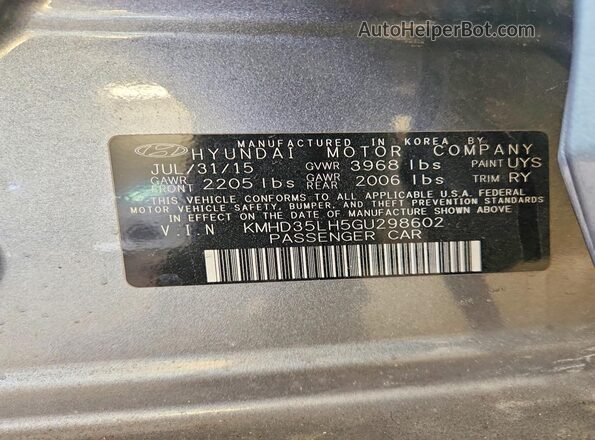 KMHD35LH5GU298602 2016 HYUNDAI ELANTRA Gray ძრავის განყოფილების ხედი