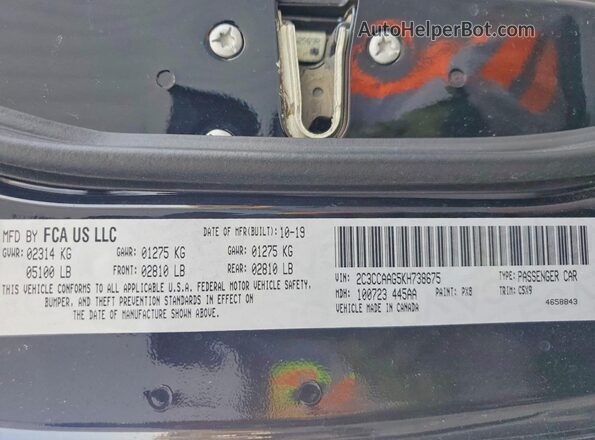 2C3CCAAG5KH738675 2019 CHRYSLER 300 Black VIN კოდის სტიკერის ხედი