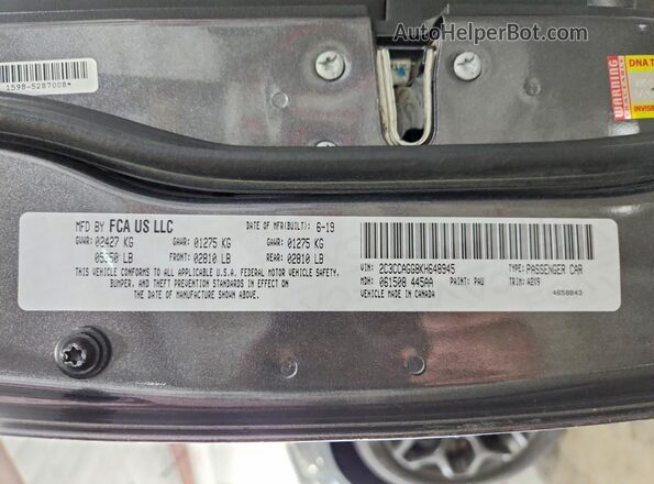 2C3CCAGG8KH648945 2019 CHRYSLER 300 Gray Вид наклейки з VIN-кодом