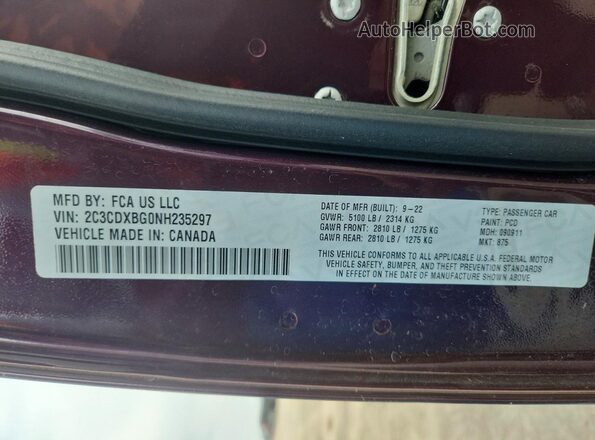 2C3CDXBG0NH235297 2022 DODGE CHARGER Purple VIN კოდის სტიკერის ხედი