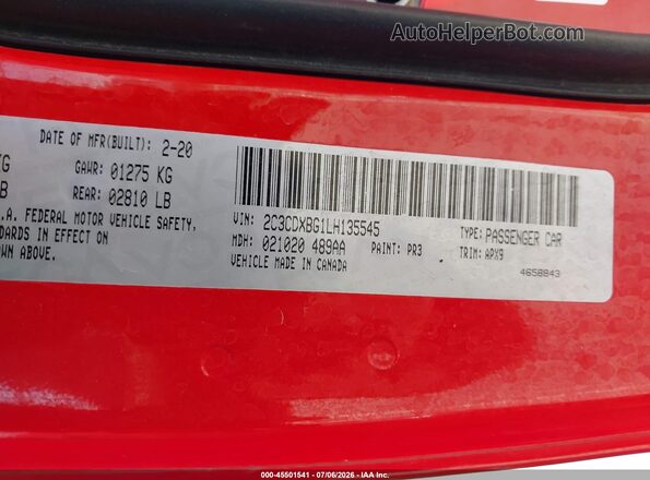2C3CDXBG1LH135545 2020 DODGE CHARGER Red Widok komory silnika