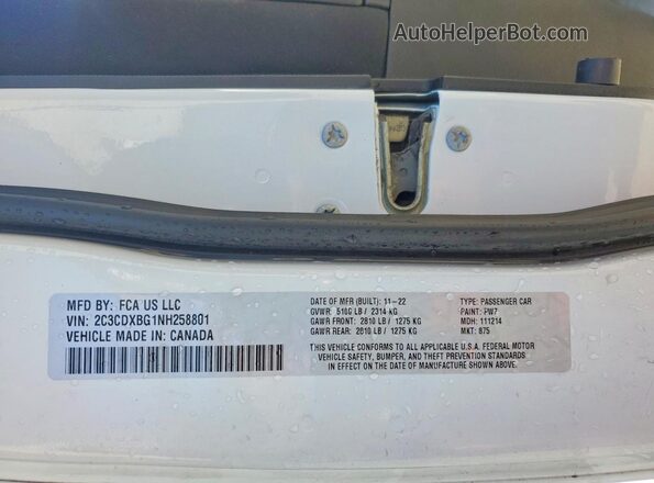 2C3CDXBG1NH258801 2022 DODGE CHARGER White VIN կոդի պիտակի տեսք
