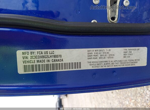 2C3CDXBG2LH190070 2020 DODGE CHARGER Blue Widok komory silnika