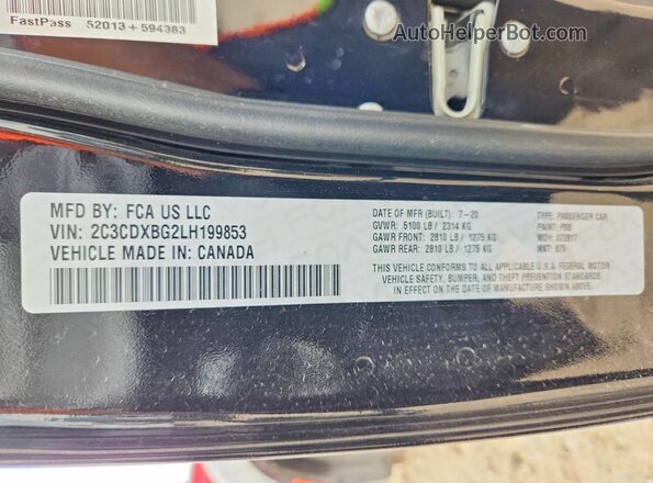 2C3CDXBG2LH199853 2020 DODGE CHARGER Black VIN კოდის სტიკერის ხედი