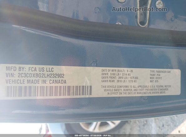 2C3CDXBG2LH232902 2020 DODGE CHARGER Blue Widok komory silnika