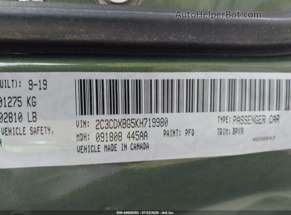 2C3CDXBG5KH719980 2019 DODGE CHARGER Green ძრავის განყოფილების ხედი