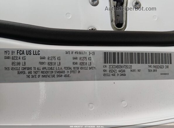2C3CDXBG5KH726122 2019 DODGE CHARGER Белый Вид подкапотного пространства
