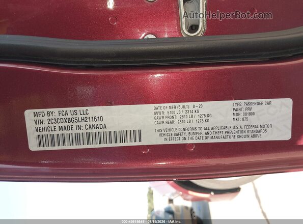 2C3CDXBG5LH211610 2020 DODGE CHARGER Maroon Engine compartment view