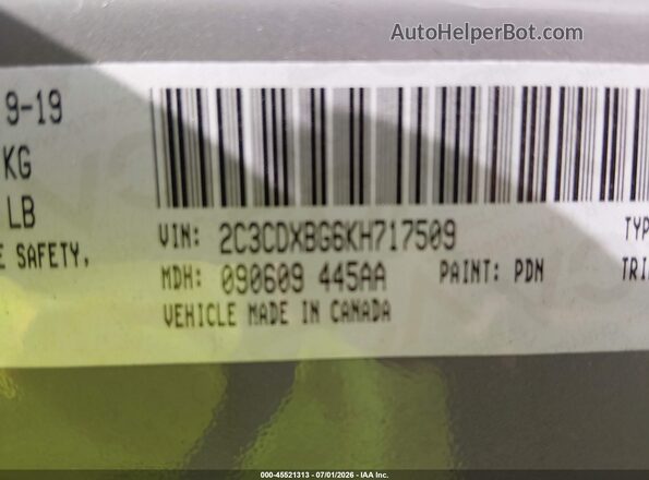2C3CDXBG6KH717509 2019 DODGE CHARGER Gray Вид підкапотного простору