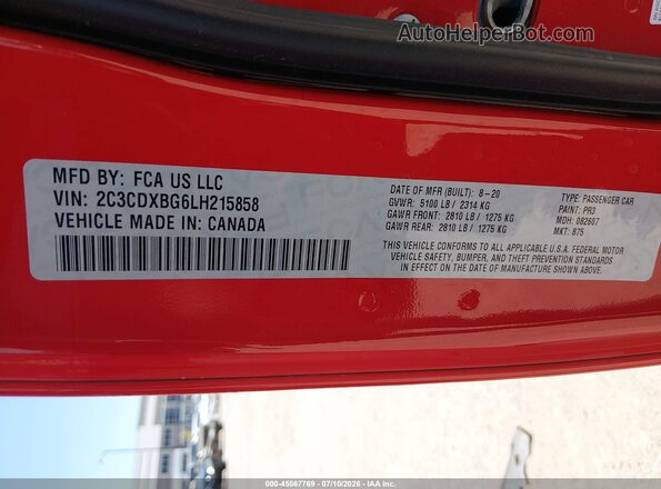 2C3CDXBG6LH215858 2020 DODGE CHARGER Red Vista del compartimento del motor