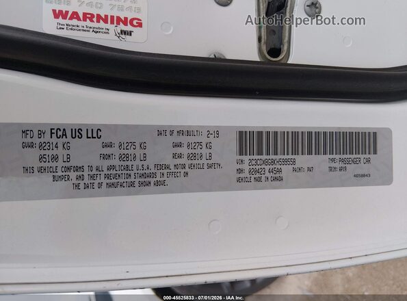 2C3CDXBG8KH599558 2019 DODGE CHARGER White Вид підкапотного простору