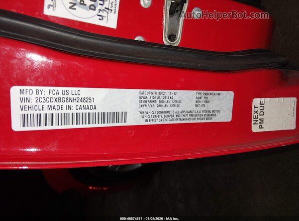 2C3CDXBG8NH248251 2022 DODGE CHARGER Red Вид підкапотного простору