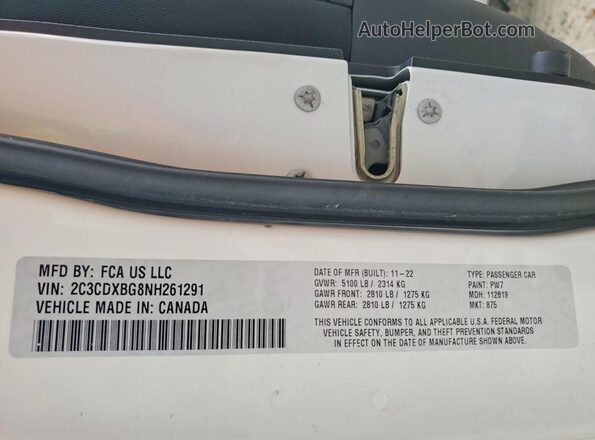 2C3CDXBG8NH261291 2022 DODGE CHARGER White Вид підкапотного простору