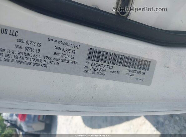 2C3CDXBG9JH187079 2018 DODGE CHARGER White Вид підкапотного простору