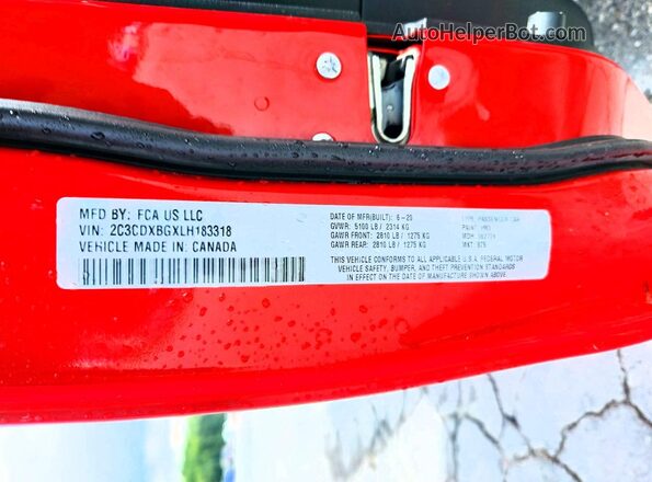 2C3CDXBGXLH183318 2020 DODGE CHARGER Red Вид наклейки з VIN-кодом