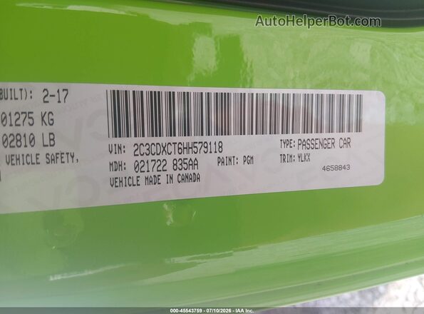 2C3CDXCT6HH579118 2017 DODGE CHARGER Green Widok komory silnika