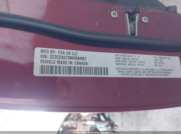 2C3CDXCT6MH594907 2021 DODGE CHARGER Burgundy ძრავის განყოფილების ხედი