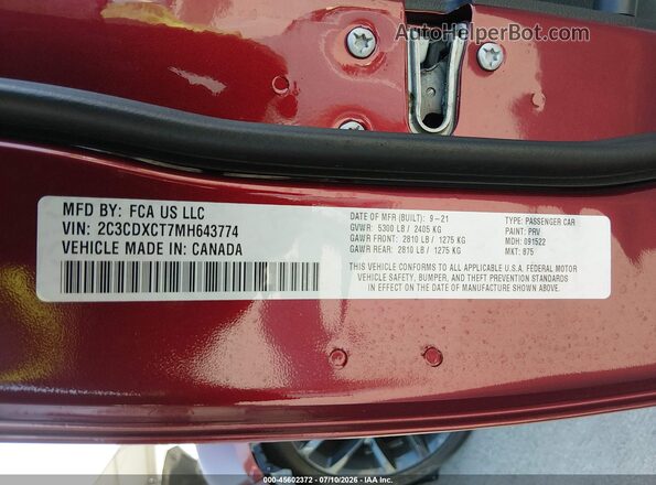 2C3CDXCT7MH643774 2021 DODGE CHARGER Burgundy Engine compartment view
