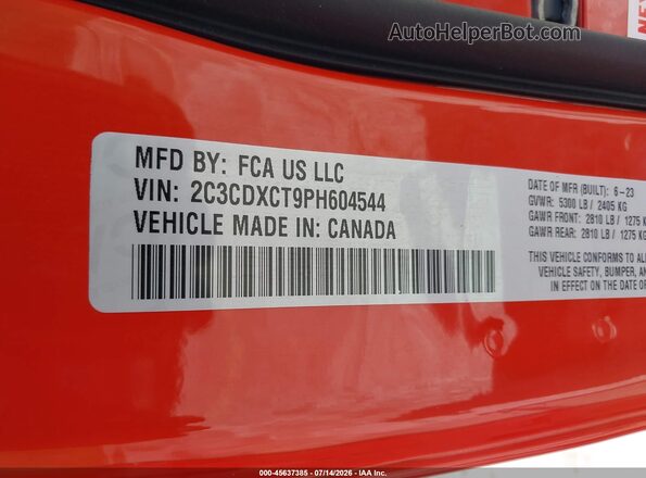 2C3CDXCT9PH604544 2023 DODGE CHARGER Orange Widok komory silnika