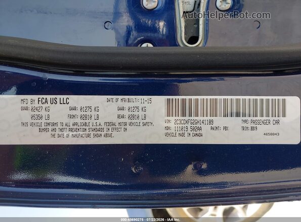 2C3CDXFG2GH141189 2016 DODGE CHARGER Blue Vista del compartimento del motor