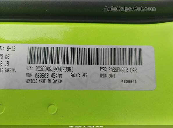 2C3CDXGJ0KH673981 2019 DODGE CHARGER Зеленый Вид подкапотного пространства