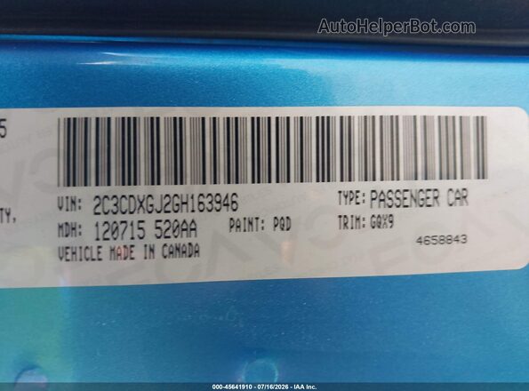 2C3CDXGJ2GH163946 2016 DODGE CHARGER Blue ძრავის განყოფილების ხედი