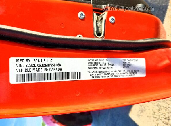 2C3CDXGJ2MH556468 2021 DODGE CHARGER Оранжевый Вид наклейки с VIN-кодом