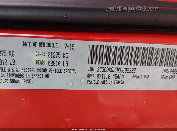 2C3CDXGJ3KH692332 2019 DODGE CHARGER Оранжевый Вид подкапотного пространства