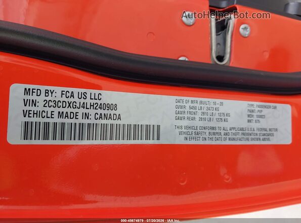 2C3CDXGJ4LH240908 2020 DODGE CHARGER Orange Вид підкапотного простору