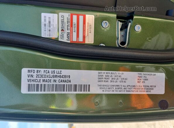 2C3CDXGJ6MH643919 2021 DODGE CHARGER Зеленый Вид наклейки с VIN-кодом