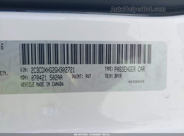 2C3CDXHG2GH302721 2016 DODGE CHARGER White Շարժիչի բաժամունքի տեսք
