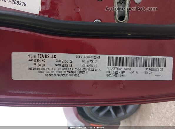 2C3CDXHG2LH120091 2020 DODGE CHARGER Maroon Vista del compartimento del motor