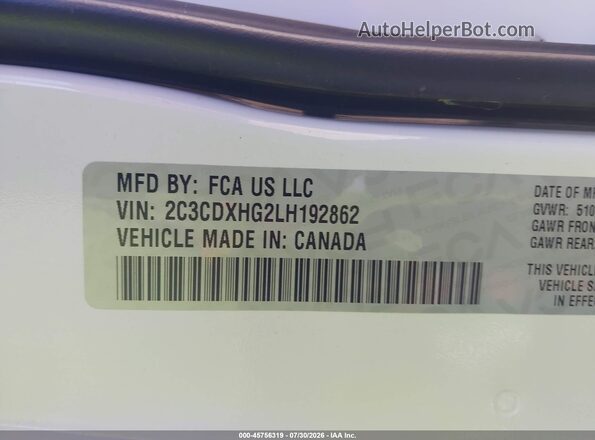 2C3CDXHG2LH192862 2020 DODGE CHARGER White Widok komory silnika