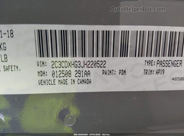 2C3CDXHG3JH220522 2018 DODGE CHARGER Gray Շարժիչի բաժամունքի տեսք