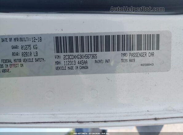2C3CDXHG3KH567365 2019 DODGE CHARGER White Engine compartment view