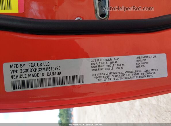 2C3CDXHG3MH619726 2021 DODGE CHARGER Оранжевый Вид подкапотного пространства