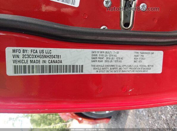 2C3CDXHG5NH204781 2022 DODGE CHARGER Red ძრავის განყოფილების ხედი