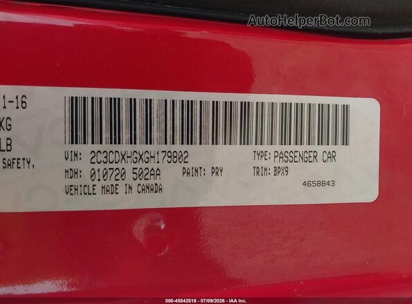 2C3CDXHGXGH179802 2016 DODGE CHARGER Red Շարժիչի բաժամունքի տեսք