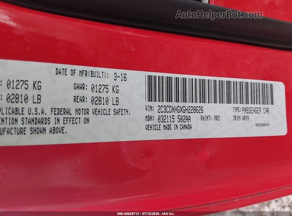 2C3CDXHGXGH228626 2016 DODGE CHARGER Red Շարժիչի բաժամունքի տեսք