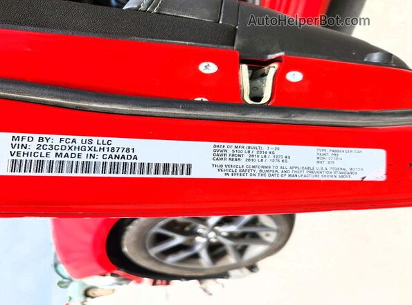 2C3CDXHGXLH187781 2020 DODGE CHARGER Red VIN sticker view