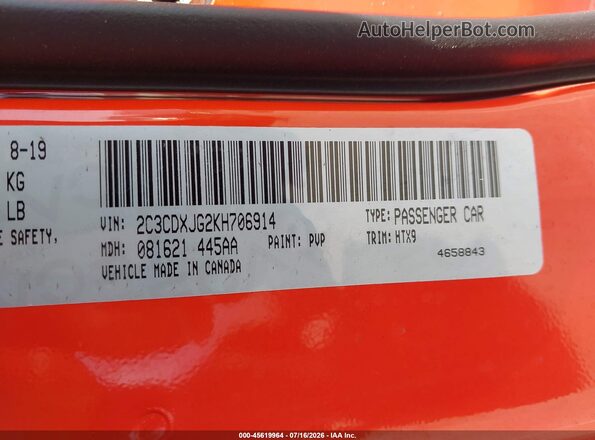 2C3CDXJG2KH706914 2019 DODGE CHARGER Оранжевый Вид подкапотного пространства