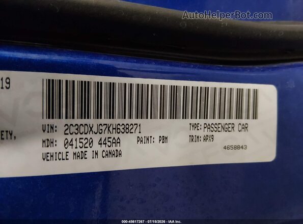 2C3CDXJG7KH638271 2019 DODGE CHARGER Blue Vista del compartimento del motor