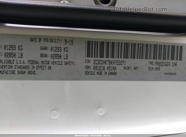 2C3CDXKT6KH722271 2019 DODGE CHARGER White Engine compartment view